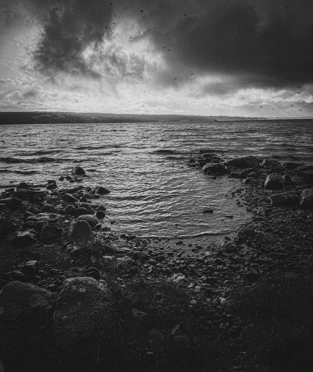 A black and white image of a rocky lakeshore under a dramatic, heavily clouded sky. Water gently laps against stones and pebbles in the foreground, with a low forested shoreline visible in the distance.
