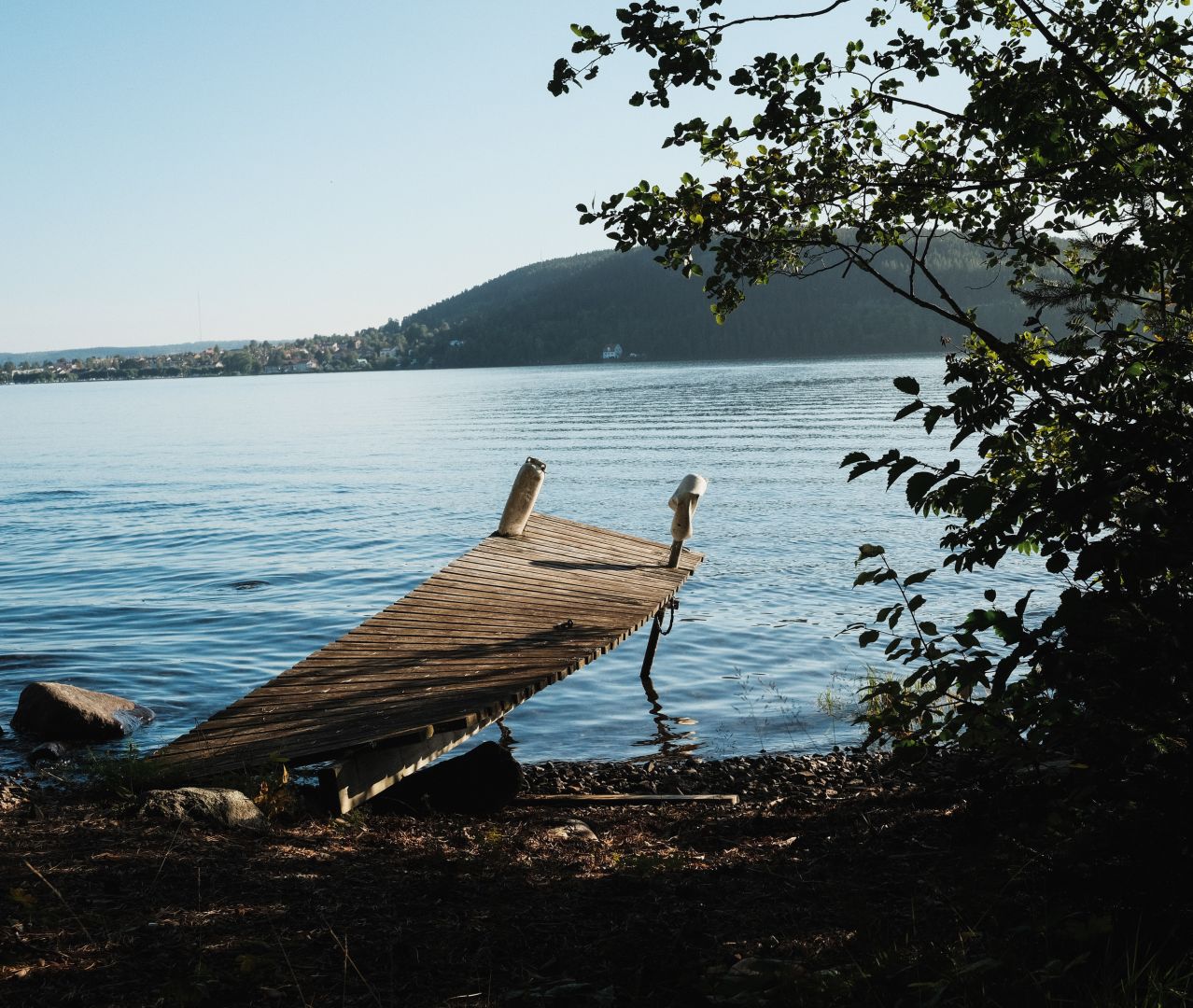A weathered wooden dock extends into a calm blue lake from a rocky, tree-shaded shore. Low forested hills line the far shore under a clear sky, with houses visible along the coastline in the distance and overhanging leafy branches framing the right side of the frame.